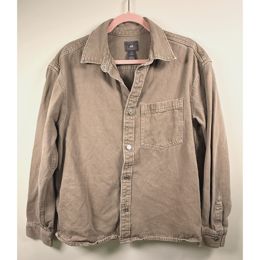 H&M Men's Solid Beige Long Sleeve Collared Button-Up Shirt M Regular
